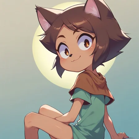 score_9, score_8_up, score_7_up, source_cartoon, 1girl, solo, dramatic lighting, dramatic angle, looking back at you,
Luz Noceda, brown hair, short hair, brown eyes, young, managan, furry, cat girl, looking at viewer, sitting, brown capelet, green tunic, black eyes, solid circle pupils, smile