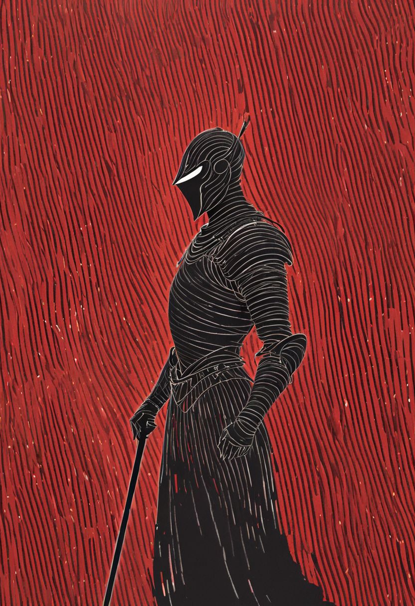 Bw-grignani, Curved Sword Slash, Closeup Portrait, An Abstract surreal n Abstract surreal colorful simple painted black vintage armored Knight standing at a cliff, Arms Up, Wielding sword throughout the frame, red Blood Splash, made of lines, vertical lines, horizontal lines, Portrait Made of intertwining snakes, weaving over and under each other throughout the frame, emphasis effect, moire effect, awash in colorful shades, seamlessly extends the lines,
darkness,