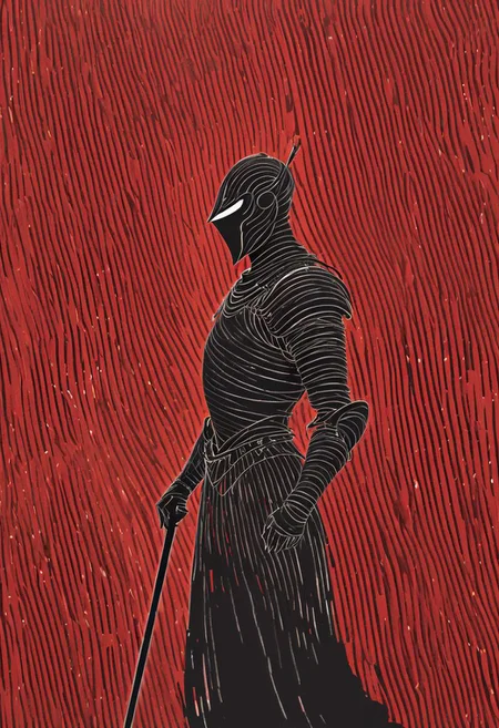 Bw-grignani, Curved Sword Slash, Closeup Portrait, An Abstract surreal n Abstract surreal colorful simple painted black vintage armored Knight standing at a cliff, Arms Up, Wielding sword throughout the frame, red Blood Splash, made of lines, vertical lines, horizontal lines, Portrait Made of intertwining snakes, weaving over and under each other throughout the frame, emphasis effect, moire effect, awash in colorful shades, seamlessly extends the lines,
darkness,