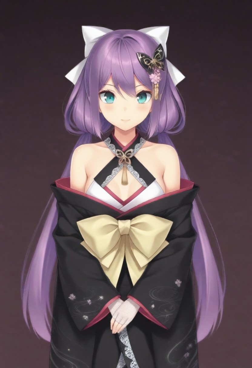 masterpiece, best quality, amazing quality,,, shiny skin,,,,,,,,nijiritsuki,,green eye,purple hair,makeup,long hair,low twintails,butterfly ornament,hair bow,white bow,hair flower,nijiritsukicos,black kimono,floral print kimono,frill-trimmed kimono,lace-trimmed kimono,off shoulder,bare shoulder,x-cross halterneck,long sleeves,wide sleeves,long skirt,obi,sash,waist bow,long bow,white lace gloves,long gloves,fingerless gloves,