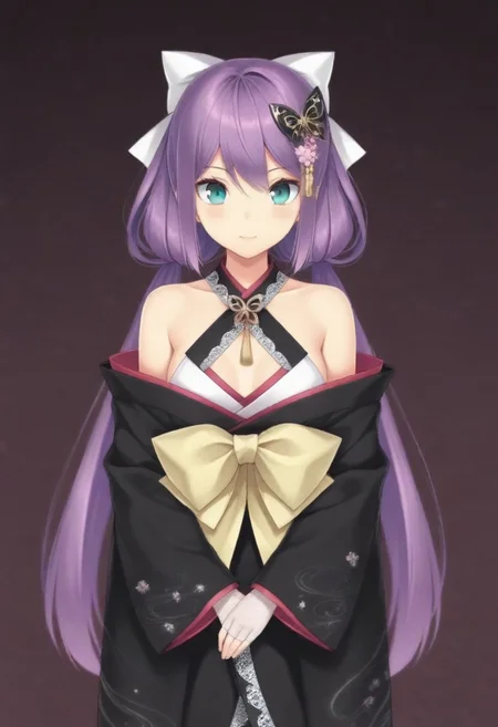 masterpiece, best quality, amazing quality,,, shiny skin,,,,,,,,nijiritsuki,,green eye,purple hair,makeup,long hair,low twintails,butterfly ornament,hair bow,white bow,hair flower,nijiritsukicos,black kimono,floral print kimono,frill-trimmed kimono,lace-trimmed kimono,off shoulder,bare shoulder,x-cross halterneck,long sleeves,wide sleeves,long skirt,obi,sash,waist bow,long bow,white lace gloves,long gloves,fingerless gloves,