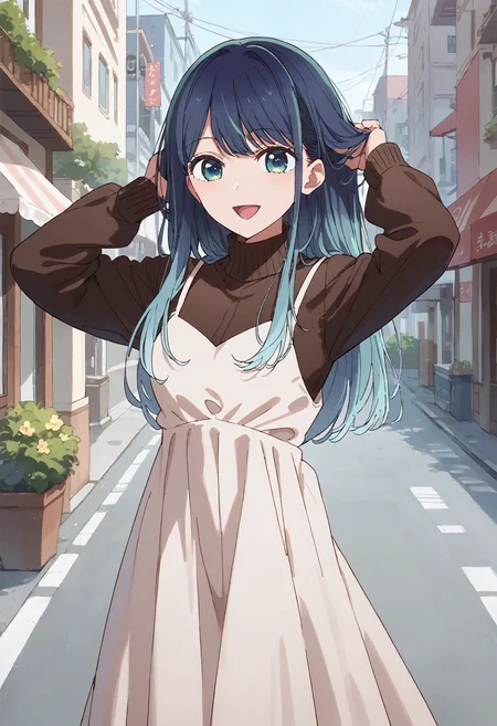 score_9, score_8_up, score_7_up, , score_ANIME,perfect hands, kurokawaakane, 1girl, solo, long hair,, blue hair, long sleeves, closed mouth, bangs, , gradient hair, upper body, smile, open mouth, turtleneck sweater, aqua eyes, brown sweater, , pinafore dress, standing <lora:kurokawaakane_pony2:0.9> cowboy shot, breasts, cowboy shot, long dress, days, street, , hand in own hair, looking at viewer,