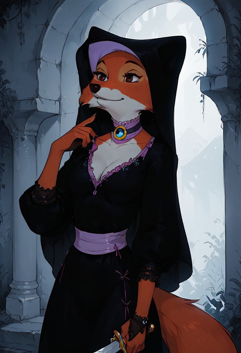score_9, score_8_up, score_7_up, score_6_up, explicit, beautiful female
BREAK 
1girl, solo, maid_marian, furry female, (anthro, fox), black headwear, furry female, medium breasts, sexy body, trained body, elegant gown, black gown
BREAK 
elegant posture, hand_behind_back, (hidden_weapon_behind_back), view_on_silhouette, close up, dutch angle, (dagger in hand, holds_weapon), dark soft palette, seamless, bold_lines, g0thicPXL, mansion_hall as background, detailed environment, complex background, dim lit, gloomy, high contrast, finger to lips