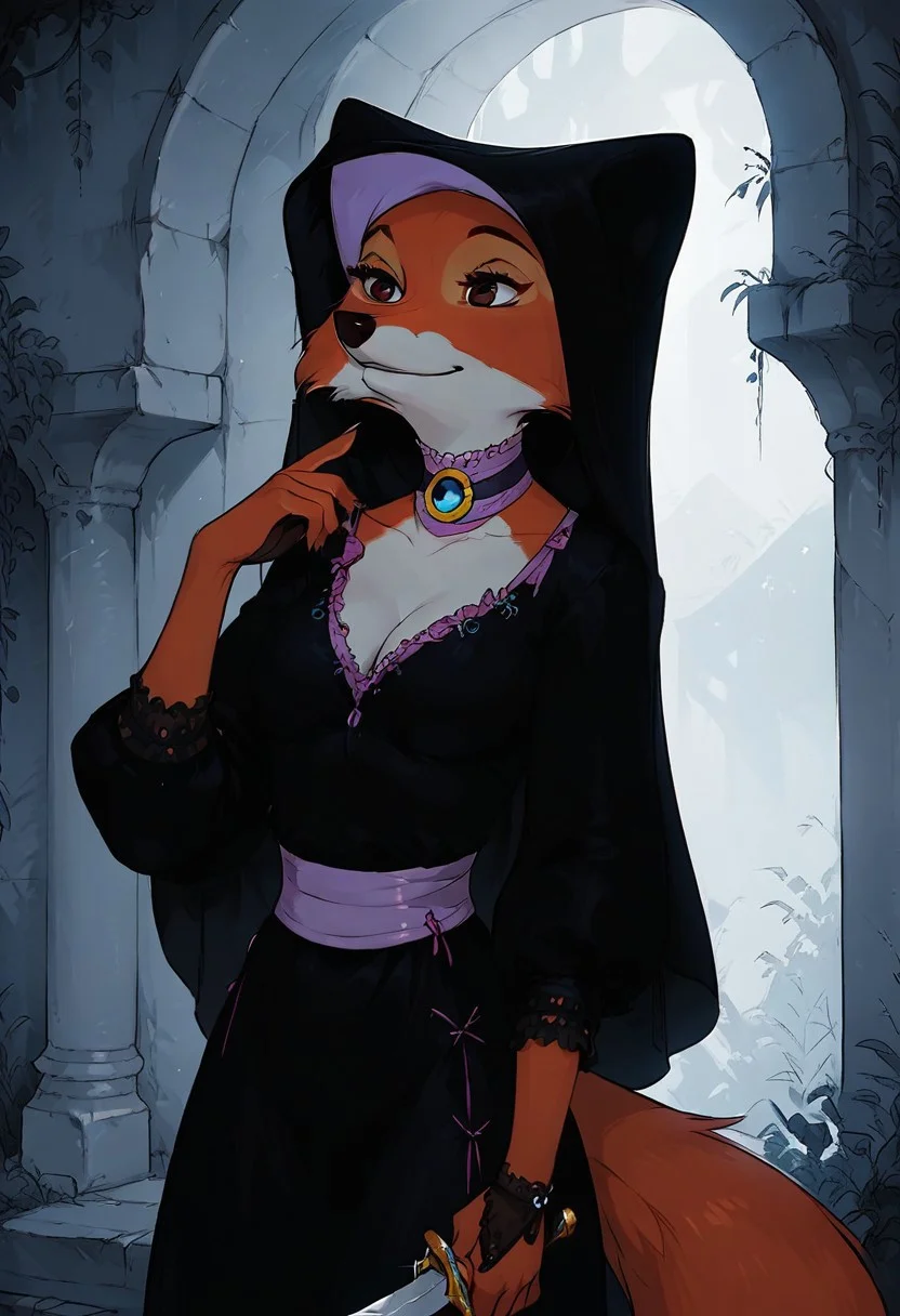 score_9, score_8_up, score_7_up, score_6_up, explicit, beautiful female
BREAK
1girl, solo, maid_marian, furry female, (anthro, fox), black headwear, furry female, medium breasts, sexy body, trained body, elegant gown, black gown
BREAK
elegant posture, hand_behind_back, (hidden_weapon_behind_back), view_on_silhouette, close up, dutch angle, (dagger in hand, holds_weapon), dark soft palette, seamless, bold_lines, g0thicPXL, mansion_hall as background, detailed environment, complex background, dim lit, gloomy, high contrast, finger to lips