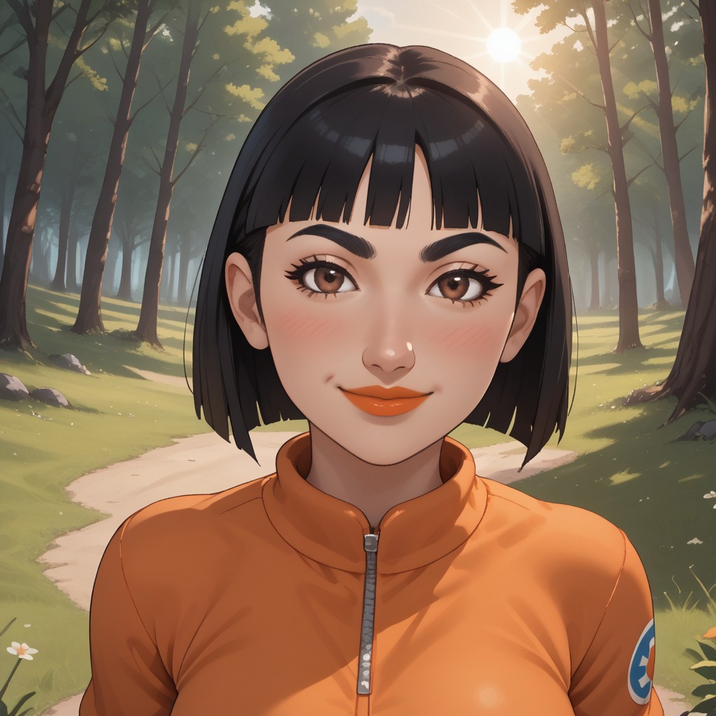 score_9, score_8, BREAK, solo, wii, mii, 1girl, female mii, brown eyes, blush, black hair, lips, orange clothing, white pants, shoes, cute, nintendo mii, modern_mii, classic_mii, breasts, marisa_(wii_sports), wii sports, black eyebrows, sexy pose, smile, outdoors, sunlight, shadows, evening lighting, natural lighting, forest, trees, grass, orange sky, sunset