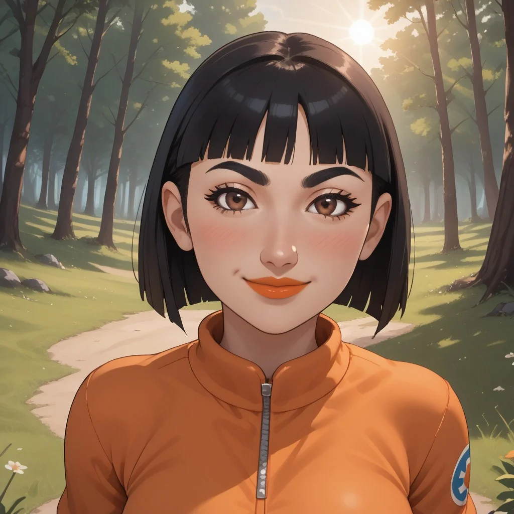 score_9, score_8, BREAK, solo, wii, mii, 1girl, female mii, brown eyes, blush, black hair, lips, orange clothing, white pants, shoes, cute, nintendo mii, modern_mii, classic_mii, breasts, marisa_(wii_sports), wii sports, black eyebrows, sexy pose, smile, outdoors, sunlight, shadows, evening lighting, natural lighting, forest, trees, grass, orange sky, sunset