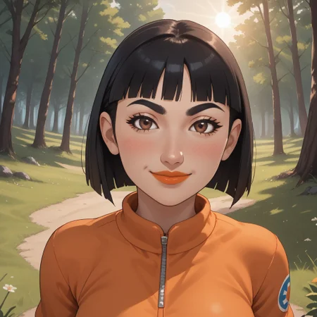score_9, score_8, BREAK, solo, wii, mii, 1girl, female mii, brown eyes, blush, black hair, lips, orange clothing, white pants, shoes, cute, nintendo mii, modern_mii, classic_mii, breasts, marisa_(wii_sports), wii sports, black eyebrows, sexy pose, smile, outdoors, sunlight, shadows, evening lighting, natural lighting, forest, trees, grass, orange sky, sunset