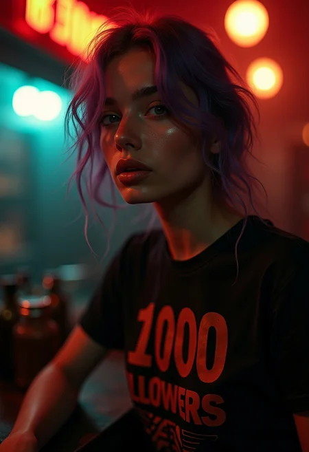 **"A hyper-realistic, candid cinematic portrait in the raw, documentary-style of **Peter Lindbergh** and **Boogie**, capturing a fleeting, intimate moment. A **young Dutch woman with purple hair**, naturally beautiful with **textured, radiant skin**, is caught mid-movement in the **gritty, dimly lit atmosphere of a dark and dangerous London pub at night**.
The shot is **unposed and spontaneous**, taken from a slightly **low, off-center angle**, as if captured in passing—giving it a true **candid energy**. Her **expression is sultry yet distant**, her **closed lips hinting at something unspoken**, as she exhales softly, her gaze drifting beyond the frame, as she looks into the camera. **Warm, flickering pub lights** reflect in her eyes, subtly illuminating her **34DD tits**, accentuated by the tight fit of her **vintage "1000 Followers" rock band tee, loosely knotted above her high-waisted leather shorts**. The **thigh-high socks complete her effortlessly rebellious look**, a nod to underground rock culture.
The atmosphere is **gritty and immersive**, with a shallow depth of field blurring out silhouettes of **shadowy figures drinking and smoking in the background**, their murmurs lost in the hum of the night. The **air is thick with cigarette smoke and the smell of whiskey**, while a faint neon glow from the bar sign spills across the wooden floors.
Shot on an **ARRI ALEXA 65** with **Porta 160 color grading**, this award-winning photograph blends **soft cinematic light with dramatic shadows**, creating an almost **dreamlike, intimate mood**. The **low contrast, exposure blending, and detailed filmic grain** add to the realism, processed meticulously in **Adobe Lightroom and Photolab** to maintain **insane details and hyper-realistic textures**. The result is an image that feels **effortless, immersive, and charged with raw emotion—capturing a moment that wasn’t meant to be captured.**"