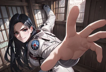 abbystea style, (score_9, score_8_up, score_7_up, highest score, best quality:1.2), zPDXL3, good_hands, hi-res. 8k, 1girl, black hair, long hair, large breasts, black eyes, mole under eye, BREAK white bodysuit, smirk BREAK IncrsPunchMeme, incoming punch BREAK dramatic lighting, indoors, perfect hands, perfect eyes, (high quality:1.1), (ultra detailed:1.1), Expressiveh