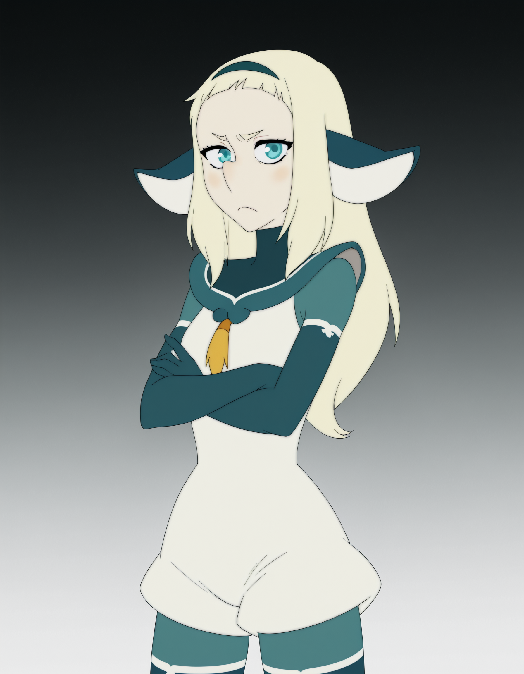 bakara, 1girl, white hair, long hair, solo, animal ears, aqua eyes, bodysuit, hairband, crossed arms,looking at viewer,frown,  simple background, cowboy shot, <lora:BakaraJurgenIllustrious1.0JLFO:1>