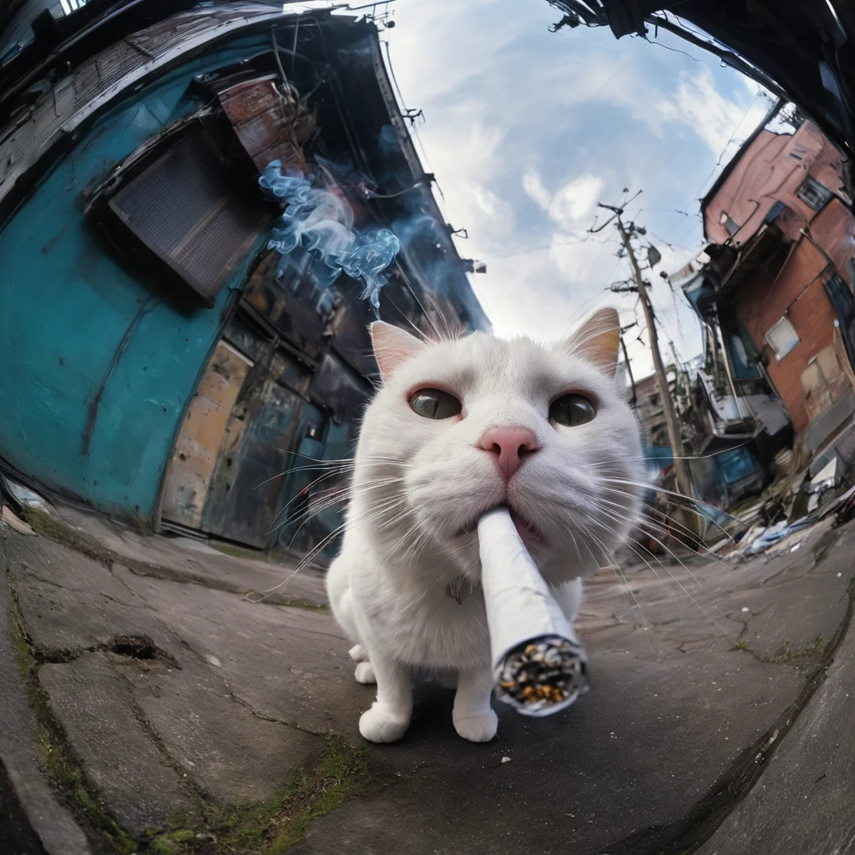 masterpiece,best quality,<lora:tbh323-sdxl:0.6>,cat in fisheye,smoking,cigarette,cyberpunk