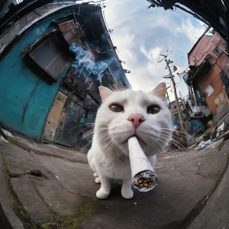 masterpiece,best quality,<lora:tbh323-sdxl:0.6>,cat in fisheye,smoking,cigarette,cyberpunk