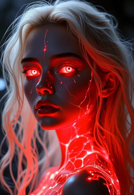 close-up,  Safe for work depiction  of a powerful enchantress with that seems to come alive, intertwined with glowing red veins that pulse with energy. The background has Flickering Candlelight, glimmering crystal formations in the background,