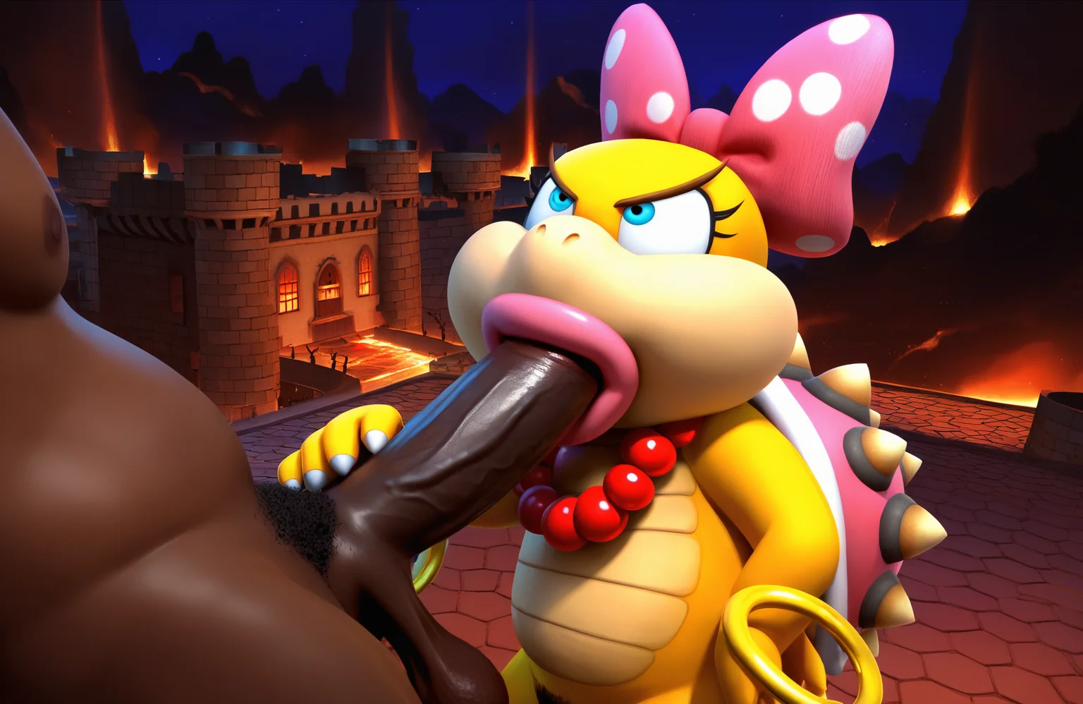 Score_9, score_8_up, score_7_up, score_6_up, BREAK
screencap, outdoors, castle, night, volcano
<lora:Wendy_koopa_game:0.8> wendy koopa game, spiked shell, yellow skin, tan skin, blue eyes, pink lipstick, polka dot bow, beaded pearl necklace, gold bracelets, polka dot bow
1boy, dark-skinned male, large penis, erection, sagging testicles, hetero, interracial, male pubic hair, fellatio, looking up