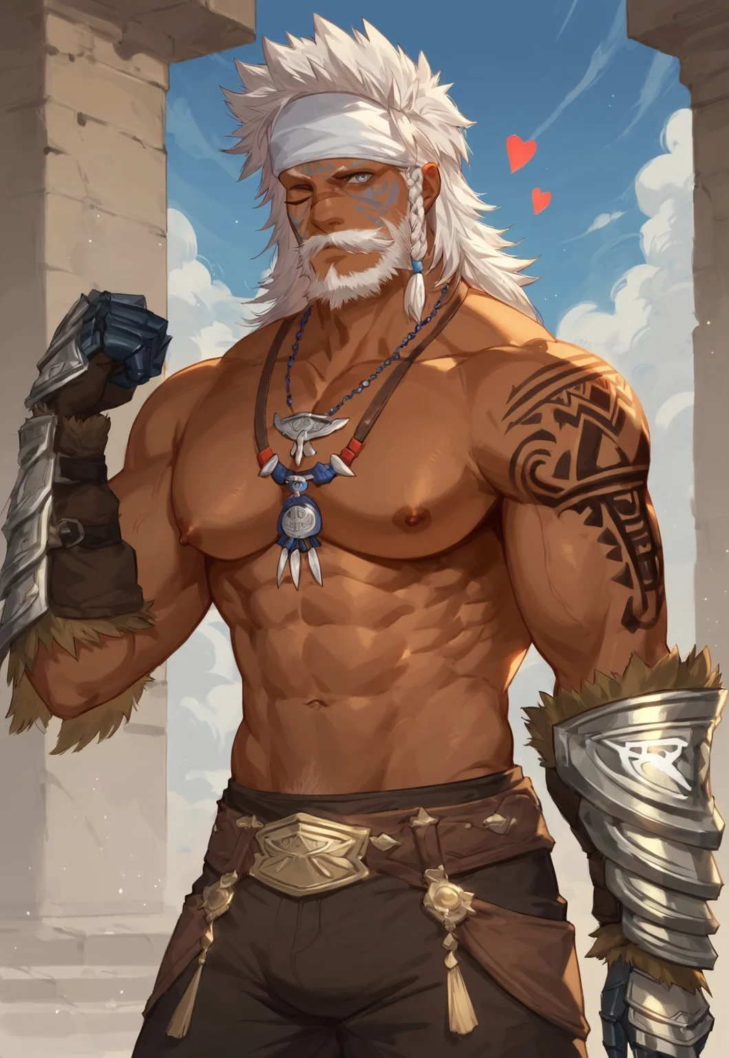 safe_pos, safe_pos, safe_pos, score_9, score_8_up, score_7_up, score_6_up, score_5_up, score_4_up, high quality, high detail, best quality,
1boy, solo, bara, portrait,
Lyon, hyur, white hair, long hair, single braid, dark skin, dark-skinned male, grey eyes, beard, mustache, facial hair, no eyebrows, muscular male, mature male, scar, scar on face, facial mark, headband, LyonOutfit, topless male, necklace, gauntlets, belt, pants, boots, arm tattoo, large pectorals, nipples, bicep, biceps,
flexing, <3, wink, smile, looking at viewer,
outdoors, warzone, battleground