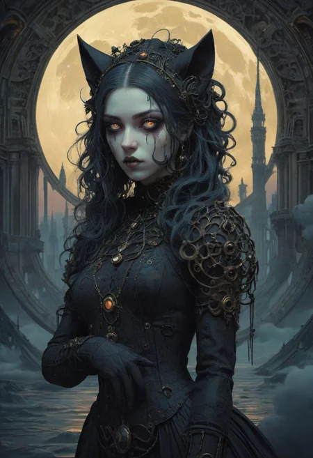 front portrait Photography, the moon, with strange architecture and polkadot 60's pastels color,  in front of a crowd, art Nouveau, baroque,  trending on ArtStation, tintricate, showing   epic,   stunning color scheme, high use of black ink, masterpiece maximalist. intricately detailed, complex, elegant, expansive, fantastical, film photography style,  engagement that reaches across a digital landscape. the bridge cybergoth fashion dog accounts for a small part of the picture,   Olivia De Berardinis style, alberto Vargas style,  
Twilight has spilled the ink,  scary, in a dark room, 8k scenery, watercraft, cloud, sky, ship, 
The traffic stops,