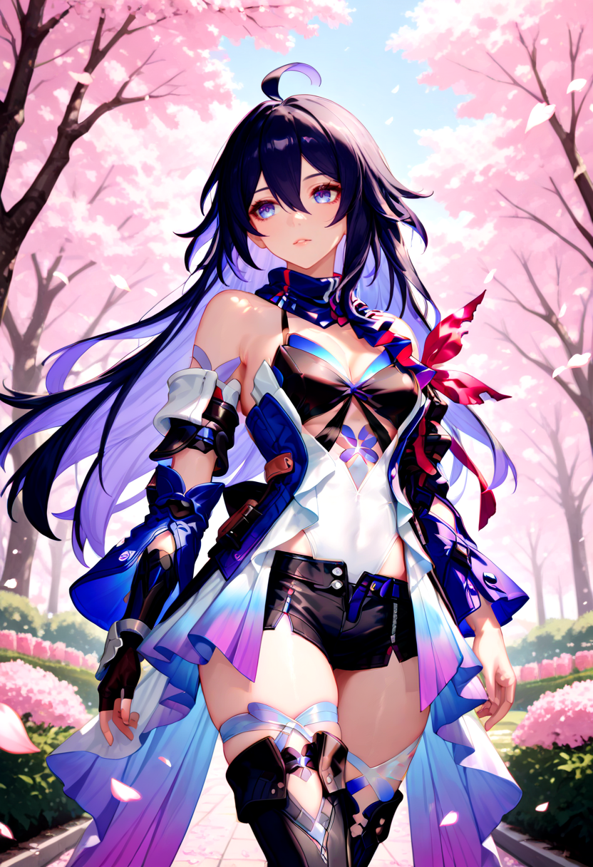 masterpiece, newest, absurdres, best quality, hires, 1girl, seele \(honkai starrail\), cherry blossom, contrapposto, floating petals, outdoors, garden