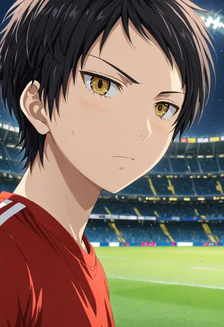 Sasuke Tsubaki, Yellow Eye, masterpiece, best quality, (1boy), solo, male focus, High definition, Black hair, 4K, soccer player