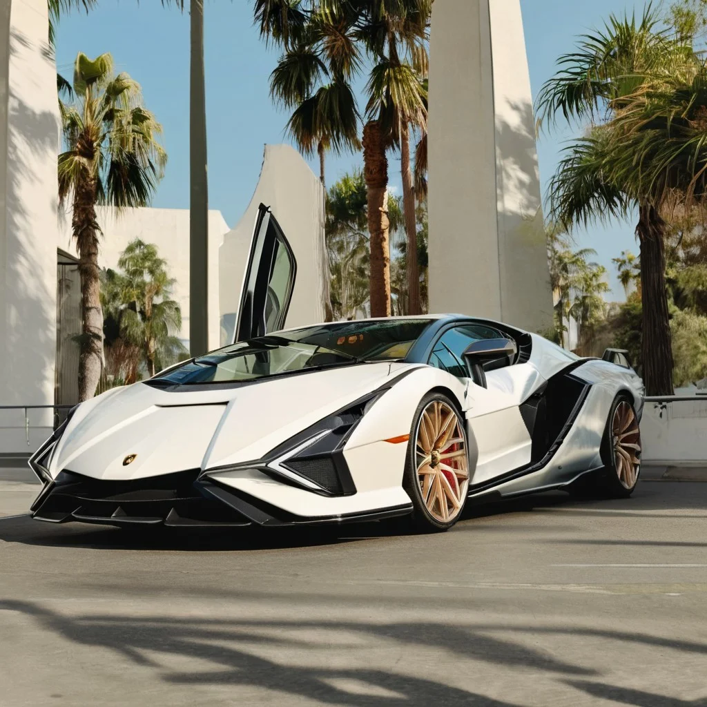 (masterpiece:1.5), ( best quality:3), white color Lamborghini Sian FKP37, Lamborghini Sian, closed door, (at the city of Los Angeles:2.5), Hollywood, palm trees, city background, noon, Photorealistic, hyper realistic