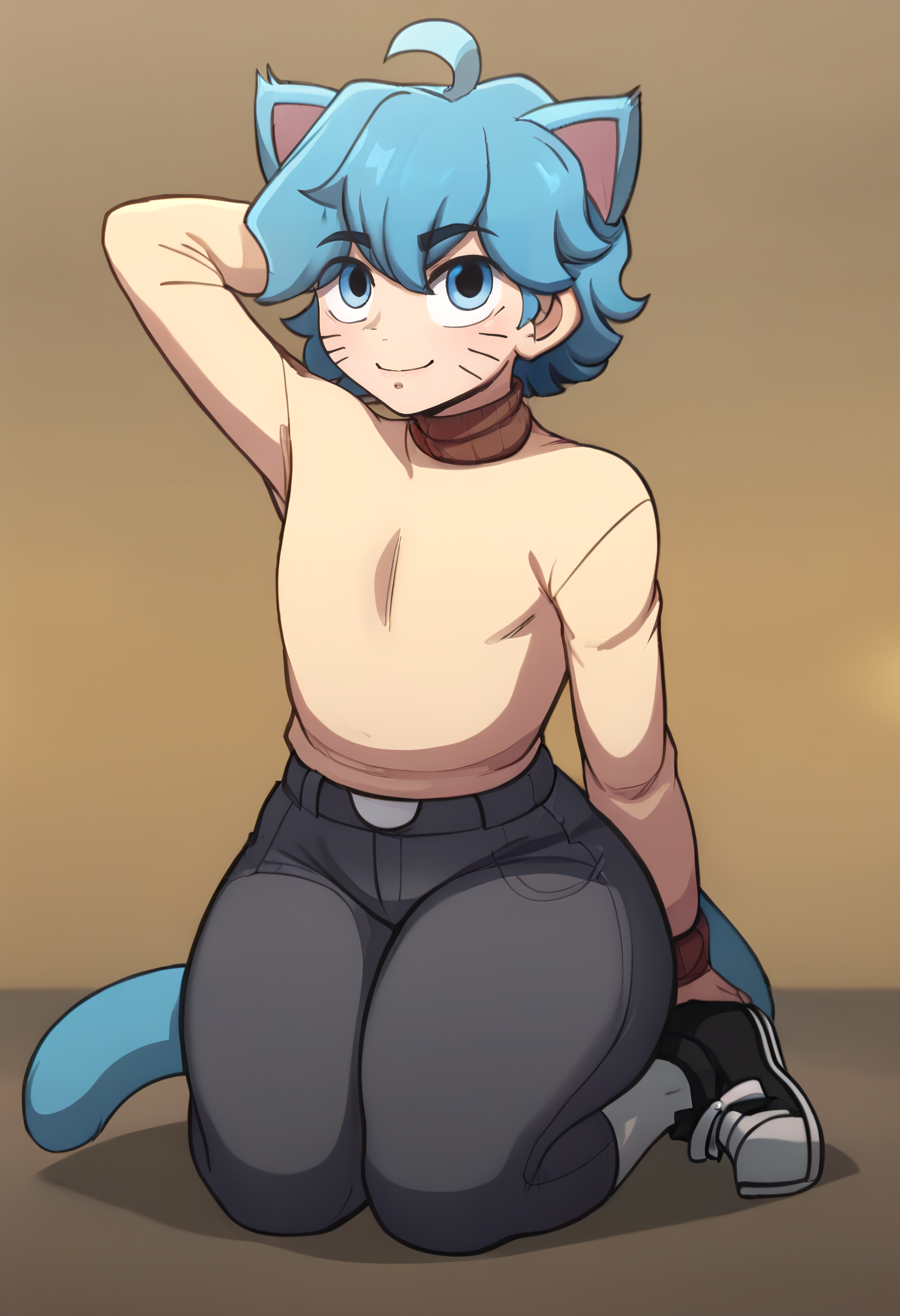masterpiece, best quality, high quality, detailed, Gumball Watterson, 1boy, male focus, blue tail, solo, tail, whisker markings, cat boy, socks, blue eyes, blue hair, cat ears, cat tail, thick thighs, ahoge, black sneakers, bottom heavy, closed mouth, <lora:Gumball-Pony-XL:1> good anatomy, on knees, hand behind head, brown collar turtleneck sweater with brown cuffs, dark grey pants