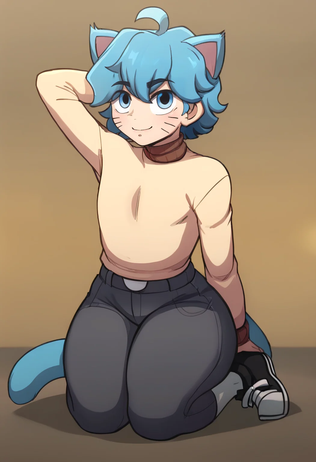 masterpiece, best quality, high quality, detailed, Gumball Watterson, 1boy, male focus, blue tail, solo, tail, whisker markings, cat boy, socks, blue eyes, blue hair, cat ears, cat tail, thick thighs, ahoge, black sneakers, bottom heavy, closed mouth, <lora:Gumball-Pony-XL:1> good anatomy, on knees, hand behind head, brown collar turtleneck sweater with brown cuffs, dark grey pants