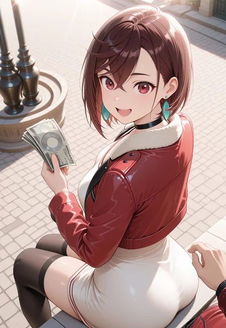 masterpiece, best quality, amazing quality, depth of field, highres, masterpiece, best quality, detailed background, cinematic lighting, volumetric lighting, Fixhand, detailed, sitting, holding money, from above, from behind, open mouth, happy, pov hand holding money, giving money, outdoors, day, sunlight, street, j4cket, cropped jacket, red jacket, black choker, white dress, red details, short dress, fur trimmed jacket, long sleeves, black thighhighs, open jacket, ayasemomo, brown hair, short hair, hair between eyes, crossed bangs, black choker, earrings,brown eyes, red eyes, official style