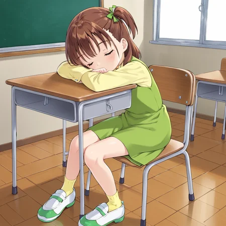 indoors, classroom, <lora:v2:1> jerikatou, 1girl, solo, brown hair, green dress, yellow collared shirt, side ponytail, shoes, yellow socks, sitting, at desk, in chair, sleeping, head on deask.