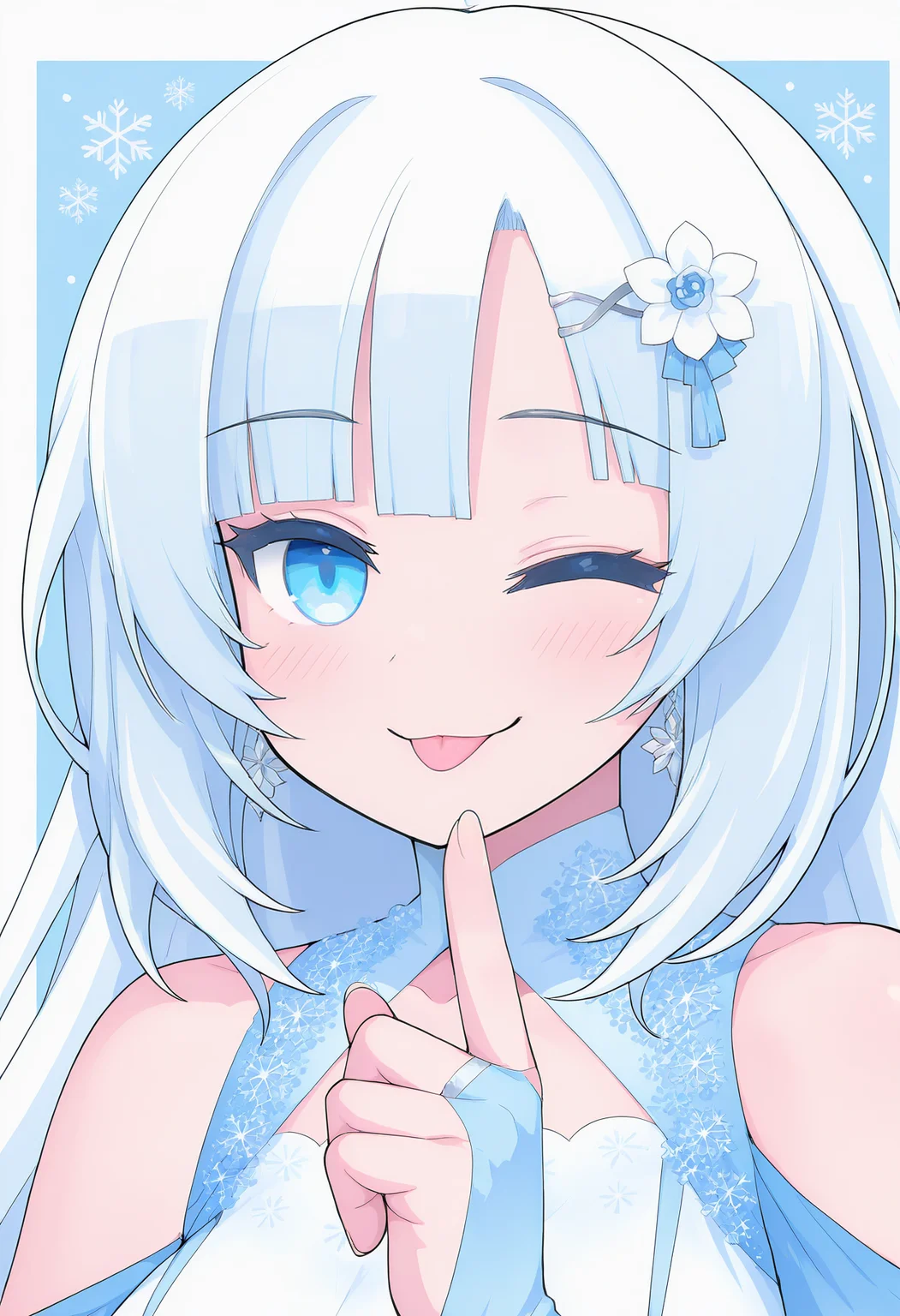 (masterpiece) ,best quality, amazing quality, very aesthetic, absurdres, Incredibly absurdres, absolutely resolution, 1girl, solo,    perfect detailed eyes, beautiful eyes, portrait, 
whiteCULvvmiky, white hair, very long hair, flower hairclip, snowflake earrings, white short kimono, shoulder cutout,  bridal gauntlets,  
  <lora:whiteCUL-IL-v2-rev2-dim64:1> smile, blush, wink, :p, v, <lora:bold-16oa:-1>  <lora:add-detail-xl:2>
