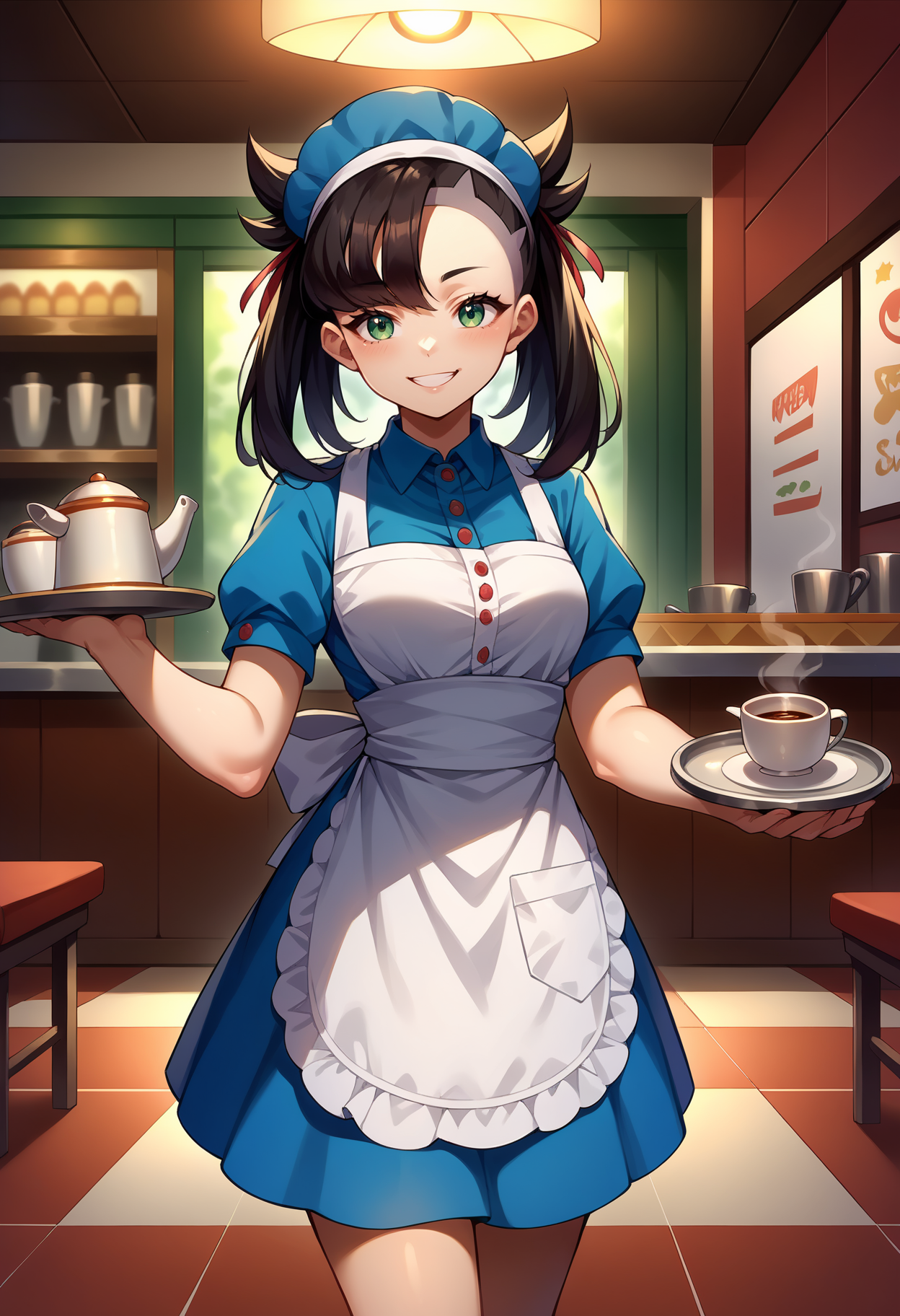 score_9, score_8_up,score_7_up, source_anime, rating_safe, 1girl, solo, <lora:EPpkMarnie:1>, black hair, hair ribbon, green eyes, twintails, asymmetrical bangs, red ribbon, 
Mary,
 indoors, diner, holding, coffee pot, waitress, tray, serving, standing, smile, headband, blue headwear,