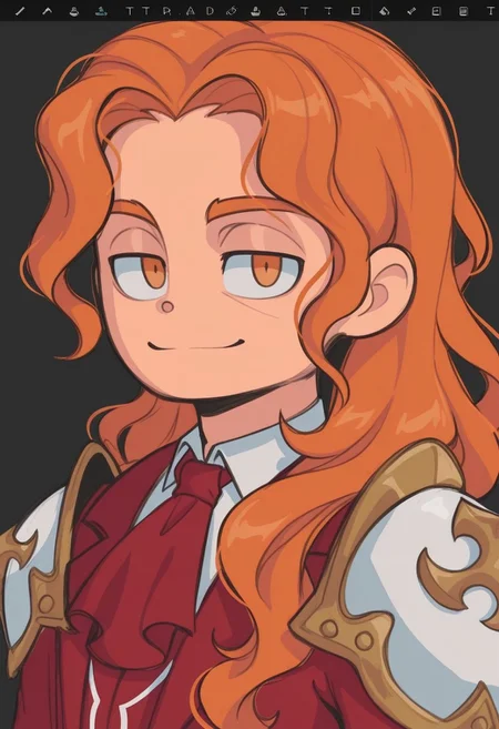 sslt,
1boy, solo, smile, pauldrons, upper body, orange hair, long hair, orange eyes, wavy hair, closed mouth, shoulder armor, red jacket, red ascot, armor, looking at viewer, ascot, male focus, hair over shoulder, collared shirt, wing collar