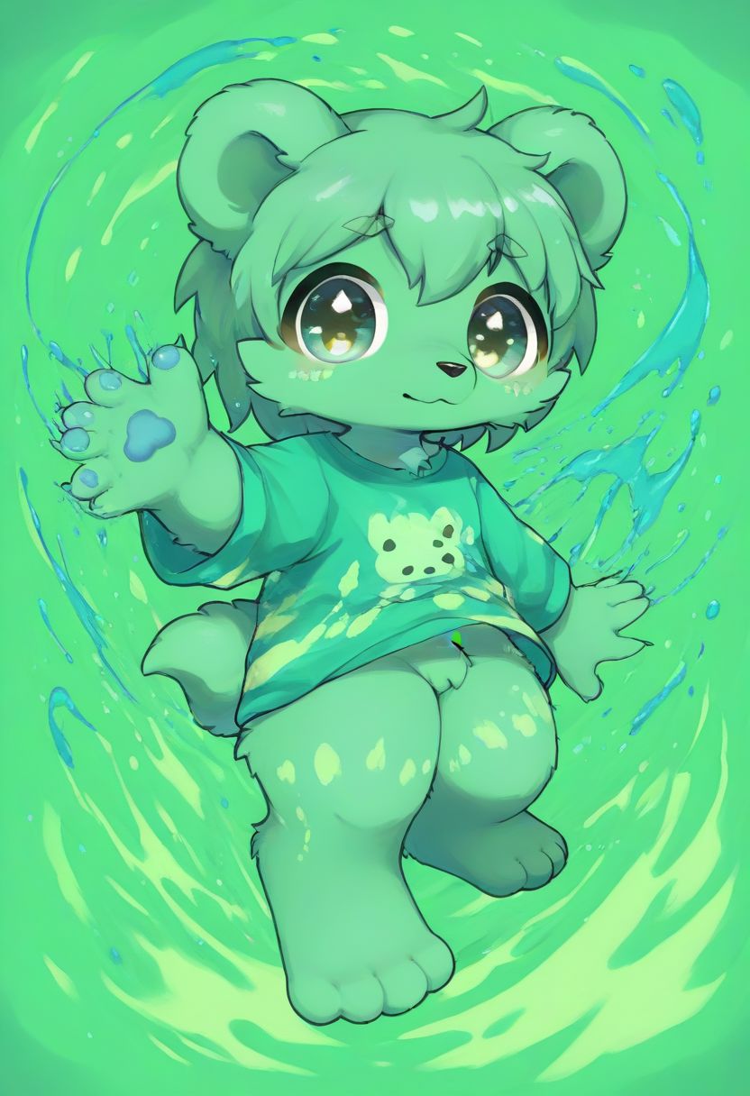 score_9, score_8_up, male, solo, full body, digital art, highly detailed, zPDXL2, zPDXLpg, zPDXL, bear, green shirt, big eyes, large pupil, look at viewer, furry, kemono, cute, anthro, zavy-splsh, paint splash, green paint splash, dreamful background