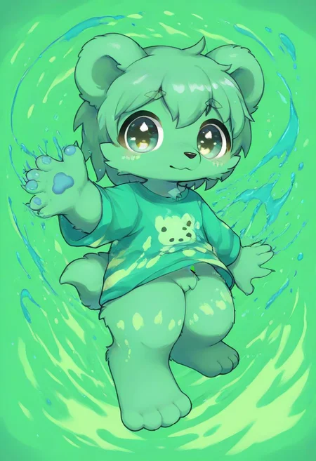 score_9, score_8_up, male, solo, full body, digital art, highly detailed, zPDXL2, zPDXLpg, zPDXL, bear, green shirt, big eyes, large pupil, look at viewer, furry, kemono, cute, anthro, zavy-splsh, paint splash, green paint splash, dreamful background