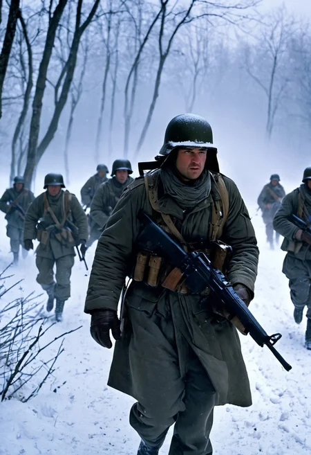 A dramatic winter scene depicting the Battle of the Bulge during World War II. The image shows American and German soldiers locked in fierce combat in the snow-covered forests of the Ardennes. American GIs, wearing heavy winter coats and helmets, crouch behind snow-dusted trees, firing rifles and machine guns at advancing German soldiers in camouflage, who move through the mist and snow. In the background, a massive explosion lights up the gray sky, with smoke billowing from destroyed tanks and vehicles. The snow is stained with blood, and frozen trees stand as silent witnesses to the brutal battle. The color palette is cold and muted, dominated by whites, grays, and dark greens, conveying the harsh winter conditions and the intensity of the fighting. The scene captures the chaos, bravery, and desperation of the historic conflict.
, moody light, by H.R Giger, 4k resolution digital art trending on Artstation and unreal engine 5, hyperrealism, full body shot, glowing eyes, cinematic, epic, masterpiece, surreal, fantasycore, hyperdetailed, ultra realistic, octane render, volumetric lighting, depth of field, bokeh, 8 <lora:Details:0.85>