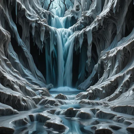 Liquid Marble, waterfall in a forest, detailed, ultrarealistic, silver/blue colours