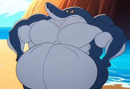score_9_up, score_8_up, score_7_up, Sol, shark, dorsal fin, gills, big snout, nostrils, colored sclera, yellow sclera, black pupils, dark eyelids, blue skin, light grey belly, muscle legs, muscle arms, sharp teeth, big head, male, solo, Sharko, obese, looking at viewer, beach background, sea, hands on hips