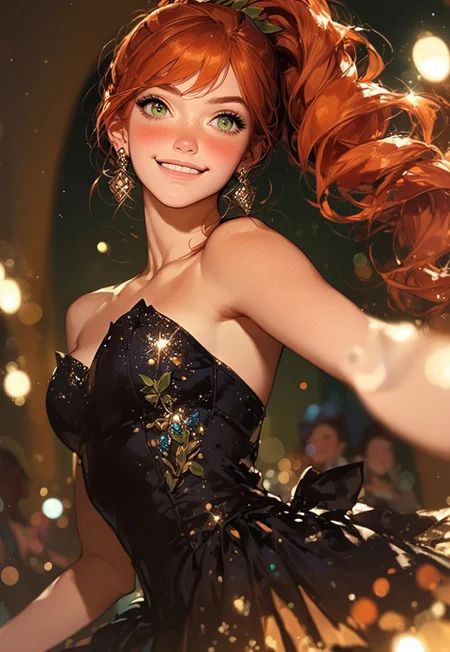 masterpiece,best quality, highly detailed, score_9, score_8_up, score_7_up, score_6_up, source_cartoon,
BREAK,
1girl, Mary Jane, Marvel, green eyes, orange hair, freckles, 1girl, blush, short dress, mini black dress, glitter on black dress, sparkling dress, bare shoulders, slightly smile, full figure, depth of field, Ball background, earrings, night, indoors, gala background, gala, Aristocratic Soirée, Elite Gathering people background, Semi-realism, closed mouth, bokeh, dynamic angle, dynamic pose, dancing, rounded breasts,