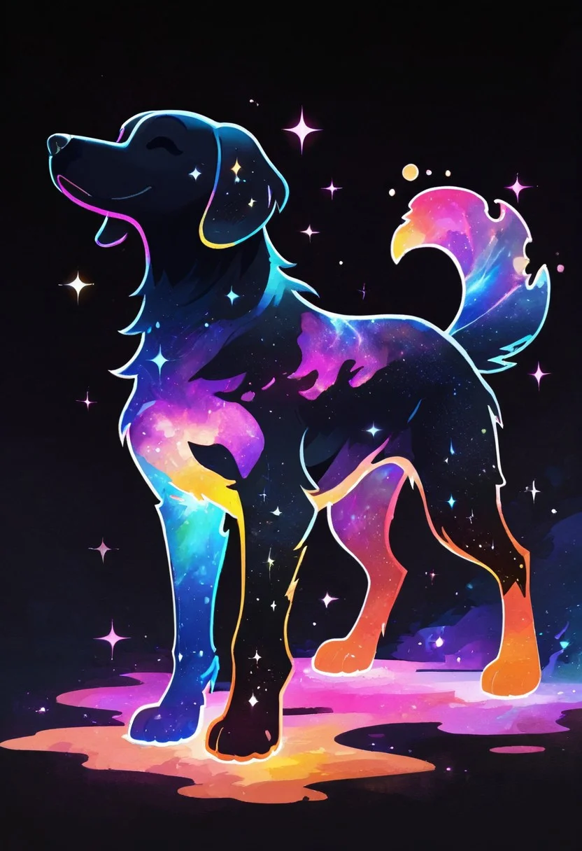 masterpiece, best quality, simple illustration, 1dog, silhouette, full body, solo, dark background, sparkles, vivid colors, tail ,happy, no_outlines,no lineart, t4kar4i_illu, inner_galaxy, galaxy on silhouette,