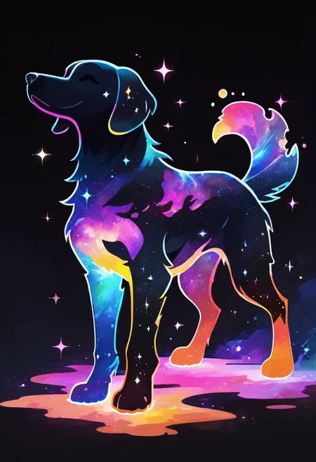 masterpiece, best quality, simple illustration, 1dog, silhouette, full body, solo, dark background, sparkles, vivid colors, tail ,happy, no_outlines,no lineart, t4kar4i_illu, inner_galaxy, galaxy on silhouette,