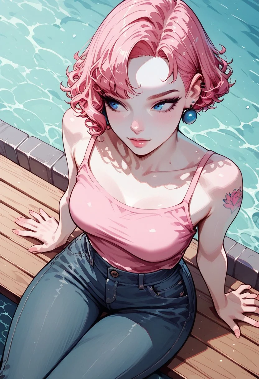 score_9, score_8_up, score_7_up, score_6_up, realistic, Sabrina, SabrinaRH,, short hair, bobcut, ((Pink-black) split hair, split-color hair,) curled hair tips, parted bangs, blue eyes, medium breasts, pale skin, earrings,, small lotus tattoo on right shoulder, 1g0r, sitting in a bench, Dutch angle , high angle view, face closeup, wide arms, (pink) camisole, denim pants, earrings, looking away, sunny, relaxed expression
