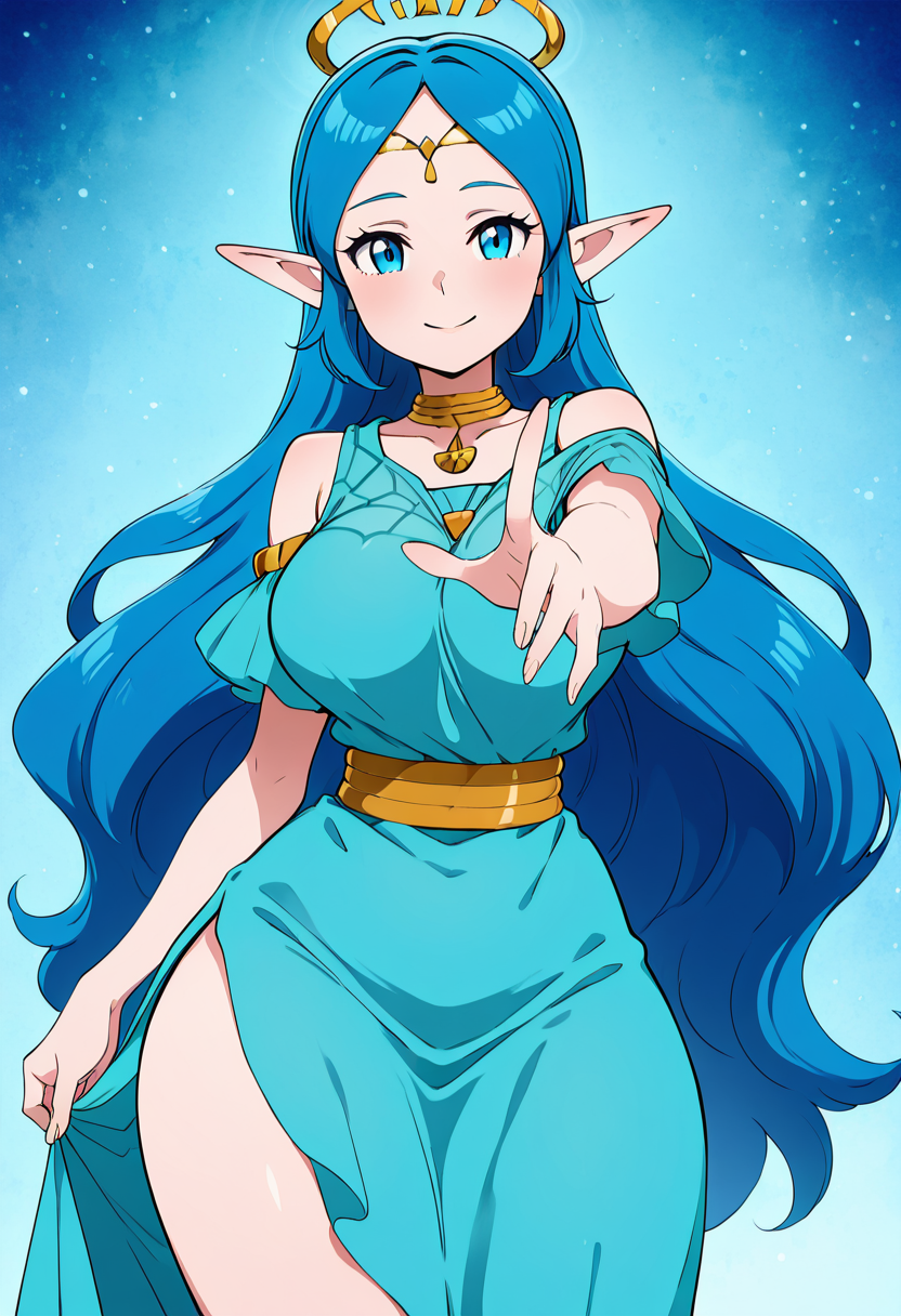 masterpiece, best quality, solo, curvy, beautiful eyes, narrow waist, wide hips, 1girl, solo, smile, looking at viewer, foreshortening, close up, anime screenshot,    zzNayru, blue eyes, blue hair, bare shoulders, jewelry, very long hair, blue dress, elf, circlet, large breasts, ,<lora:NayruZelda_IXL_v2:1.0>,profile view, long legs, relaxed pose, cowboy shot, smile,
