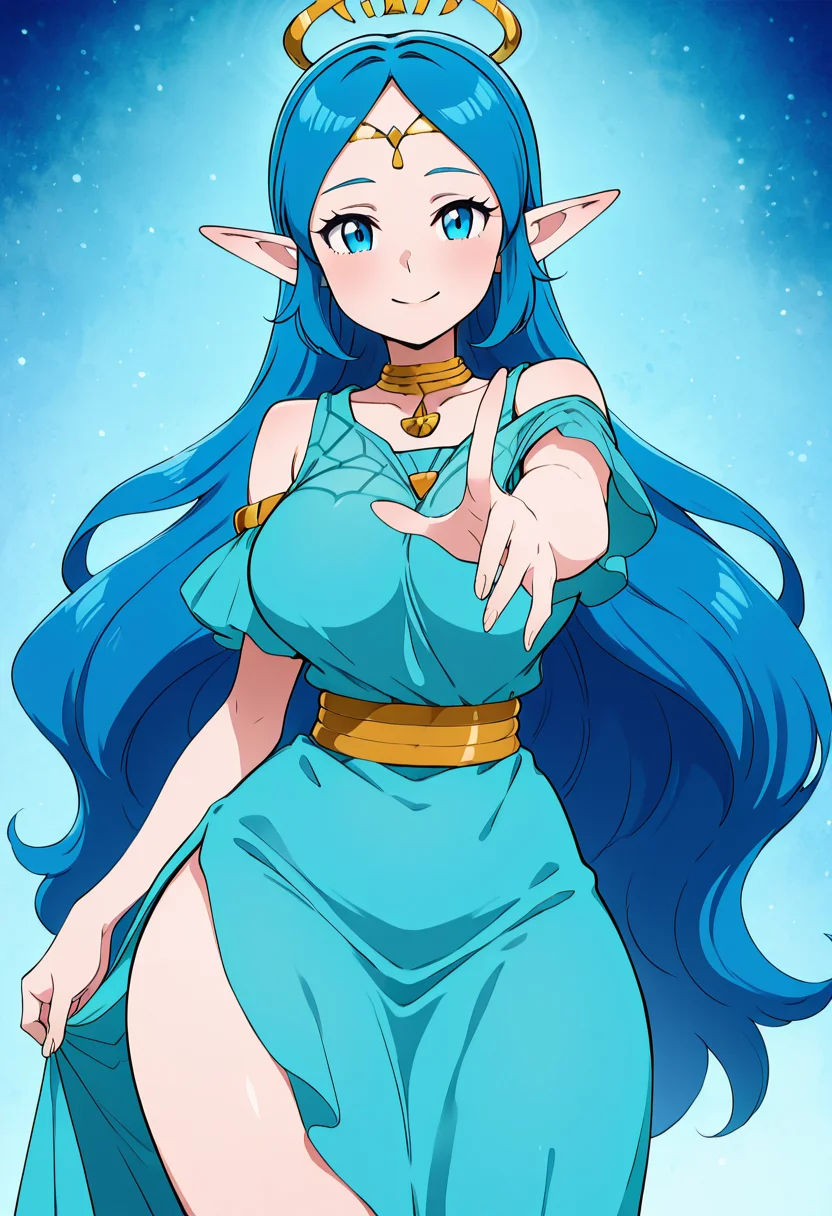 masterpiece, best quality, solo, curvy, beautiful eyes, narrow waist, wide hips, 1girl, solo, smile, looking at viewer, foreshortening, close up, anime screenshot, zzNayru, blue eyes, blue hair, bare shoulders, jewelry, very long hair, blue dress, elf, circlet, large breasts, ,<lora:NayruZelda_IXL_v2:1.0>,profile view, long legs, relaxed pose, cowboy shot, smile,