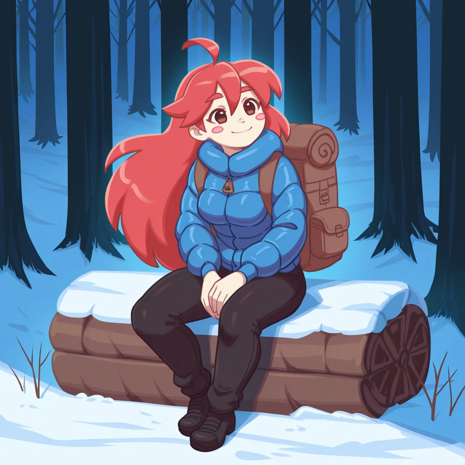 huflv, {(style of kenkou cross:0.4),(style of strongbana:0.8)}, 2D, mature female, medium breasts, Madelinechar, blush stickers, blue jacket, brown backpack, black pants, black footwear, sitting, head tilt, closed smile, loving eyes, half-lidded smile, winter forest