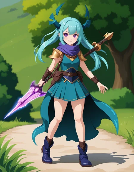 OneStepFromEdenStyle, 1girl, wide_hips, blush, solo, outdoors, [dark_blue] scarf, [Amethyst] eyes, [teal] hair, smile, full_body, high_fantasy, dark_blue footwear, holding_weapon
 <lora:OneStepFromEdenStyle_Illustrious:1>
