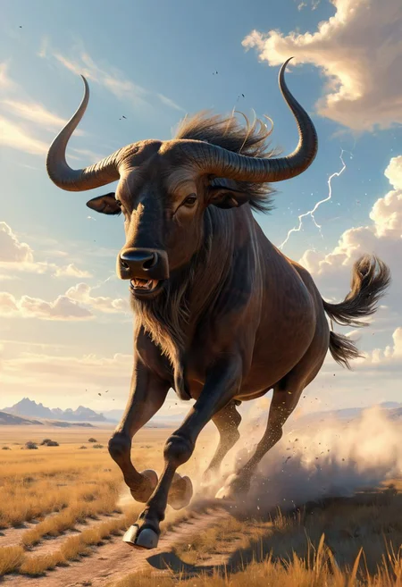 Realistic painting of a male wildebeest galloping powerfully across a vast steppe, with dynamic ray tracing capturing the sunlight filtering through an expansive sky, by artists inspired by the detail and lifelikeness of George Stubbs and the dynamic compositions of Frederic Remington, cinematic composition, trending on ArtStation
BadDream, anzhcdreamwave, aesthetic, glowneon, glowing, sparks, lightning, cloven-hooves (highest coherency: 1.59) (highest quality: 1.39)