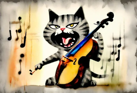 A cat in a brocade dress playing the cello, (screaming expression:1.3), whimsical meets mixed media collage, on a complex sketch sheet, against a grunge ash gray and jasper background, watercolor wash,  complex pose, bold high quality, expressive, watercolour,primary but complimentary  colours ,Outcast ,, 8k , tilt shift, surreal lowbrow art style,