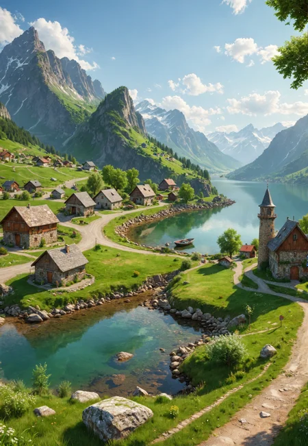 green pasture, by the lake, small town buildings, boat, road, tower, stones,rocks,mountains,very detailed scenery