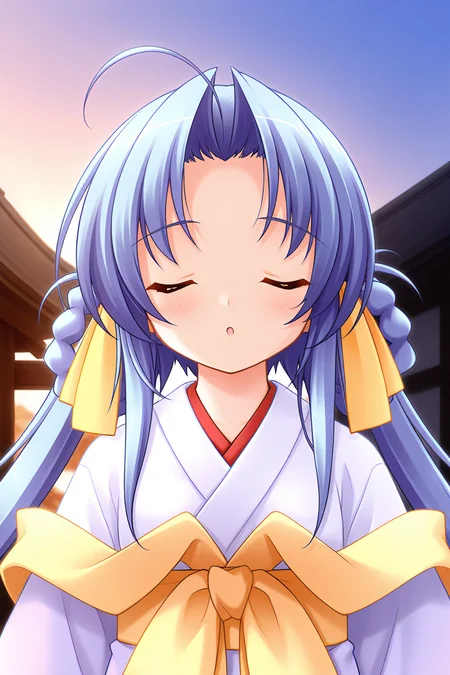 masterpiece, best quality, absurdres, official art, official style, rating general BREAK <lora:yunoha_IL_v1-2:0.7>, yunoha, 1girl, solo, red eyes, blue hair, very long hair, parted bangs, hair intakes, twintails, twin braids, hair rings, ahoge, hair ribbon, yellow ribbon, flat chest, japanese clothes, miko, white kimono, light purple kimono, layered dress, long sleeves, wide sleeves, yellow sash, yellow bow, arm ribbon, portrait, upper body, outdoors,
blush, :o, closed eyes, facing viewer, front view, kiss, open mouth, parted lips