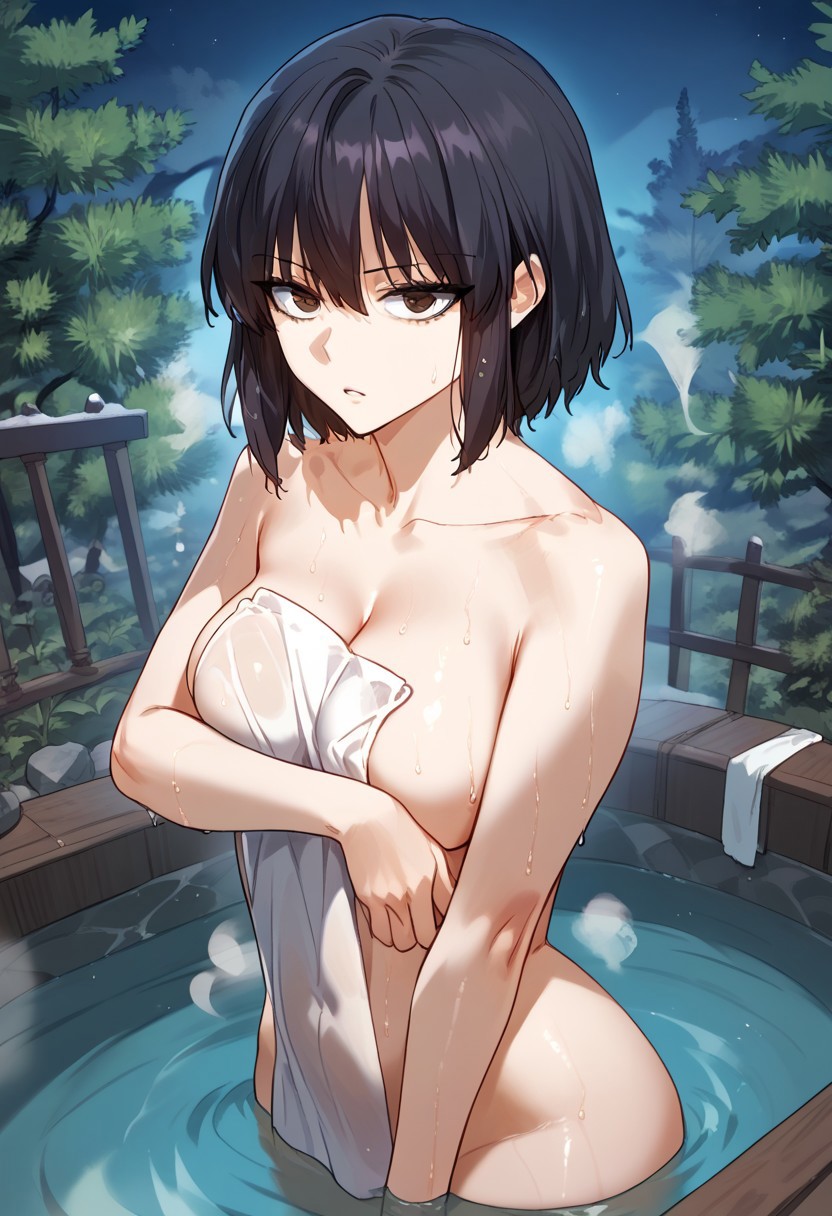 zPDXL3, score_9_up, score_8_up, score_7_up, (Anime_source), 1girl, MarthaZieghardt, brown eyes, black hair, short hair, military clothes, nude, towel, covering, parted lips, sitting in hot tub, outside, night, trees, cowboy shot, steam, wet, looking at viewer, from side, from above