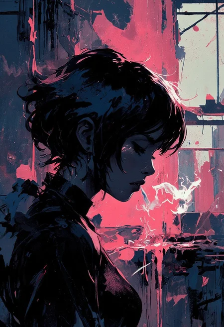 neo-noir fashion portrait, chrome-kissed halides, rose tint, venetian blind shadows, cigarette smoke tendrils, neon-rimmed silhouette, film grain texture dissolving into liquid silver, haunted glamour meeting urban decay –style chaos 80