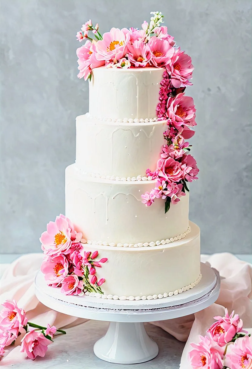 a white wedding cake with pink flowers on the side of the cake